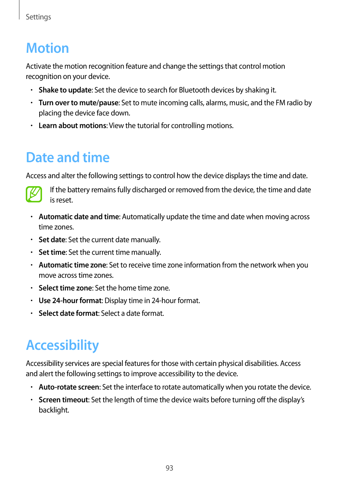 Samsung GT-S5312MSAAFR, GT-S5312MSAKSA, GT-S5312BKAKSA, GT-S5312RWAKSA, GT-S5312BKAXXV Motion, Date and time, Accessibility 