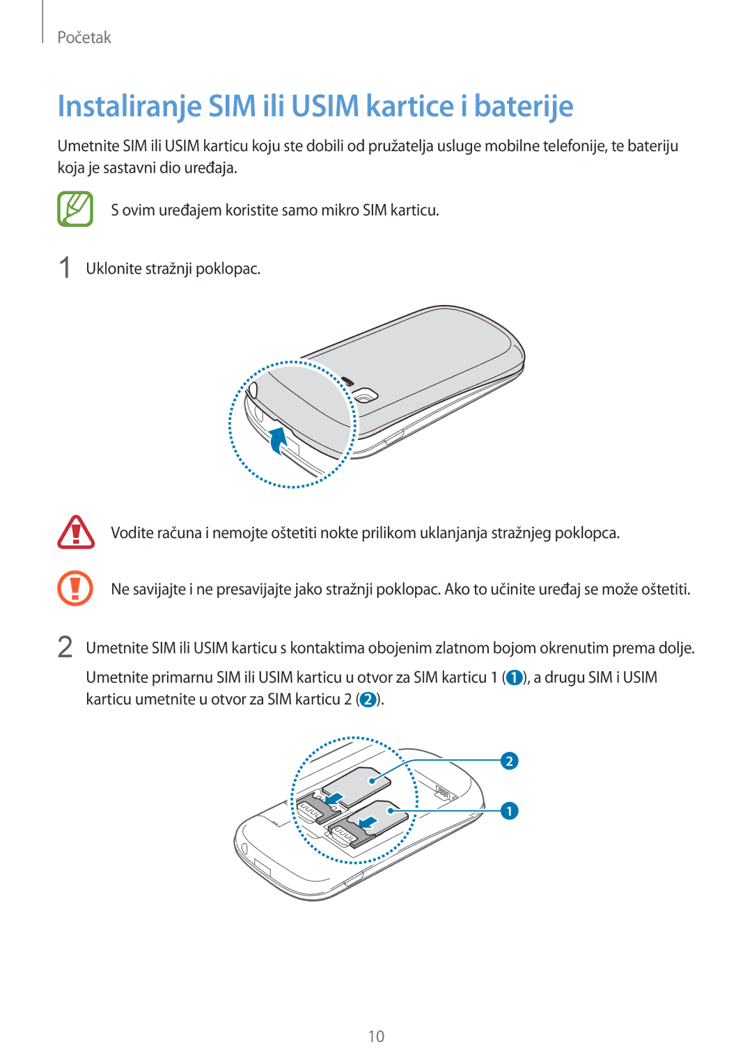 Samsung GT-S5312BKATRA, GT-S5312MSATRA, GT-S5312RWATRA manual Instaliranje SIM ili Usim kartice i baterije 