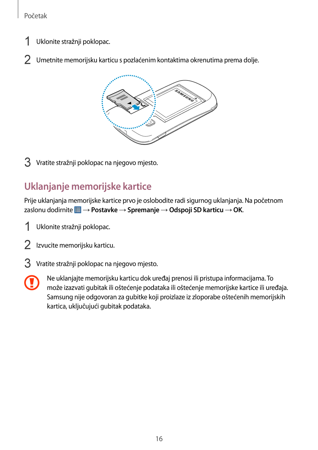 Samsung GT-S5312BKATRA, GT-S5312MSATRA, GT-S5312RWATRA manual Uklanjanje memorijske kartice 