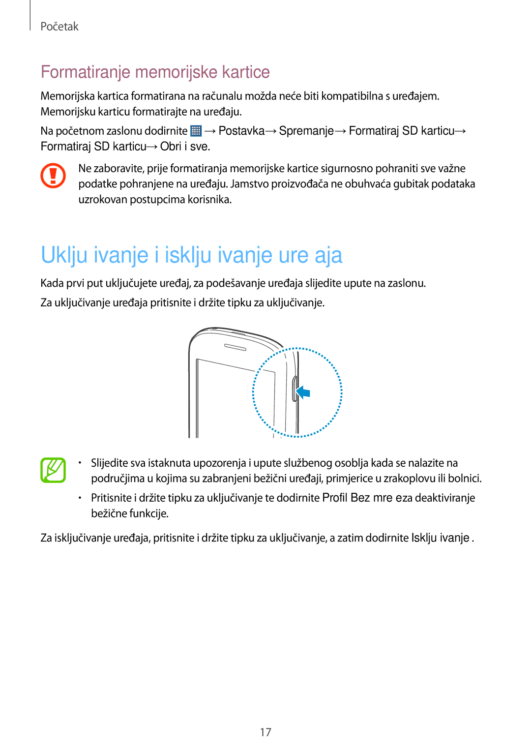 Samsung GT-S5312RWATRA, GT-S5312MSATRA manual Uključivanje i isključivanje uređaja, Formatiranje memorijske kartice 