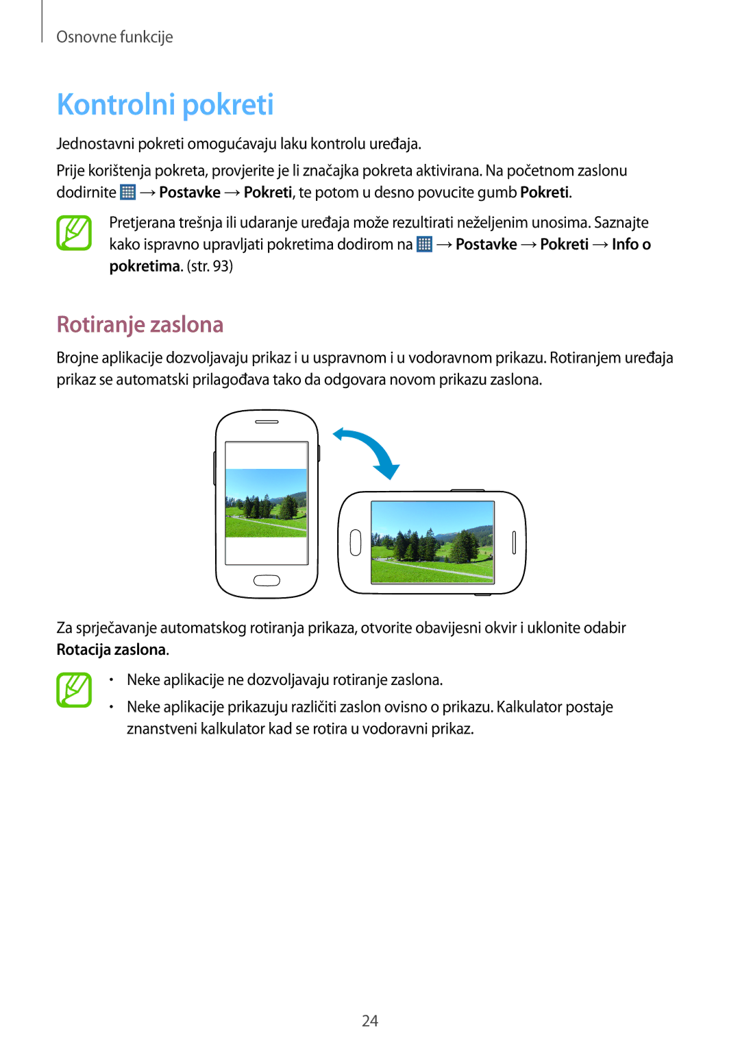 Samsung GT-S5312MSATRA, GT-S5312BKATRA, GT-S5312RWATRA manual Kontrolni pokreti, Rotiranje zaslona 