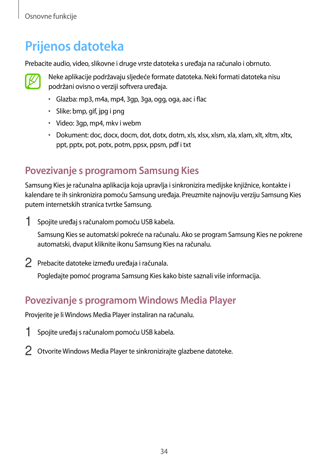 Samsung GT-S5312BKATRA, GT-S5312MSATRA, GT-S5312RWATRA manual Prijenos datoteka, Povezivanje s programom Samsung Kies 