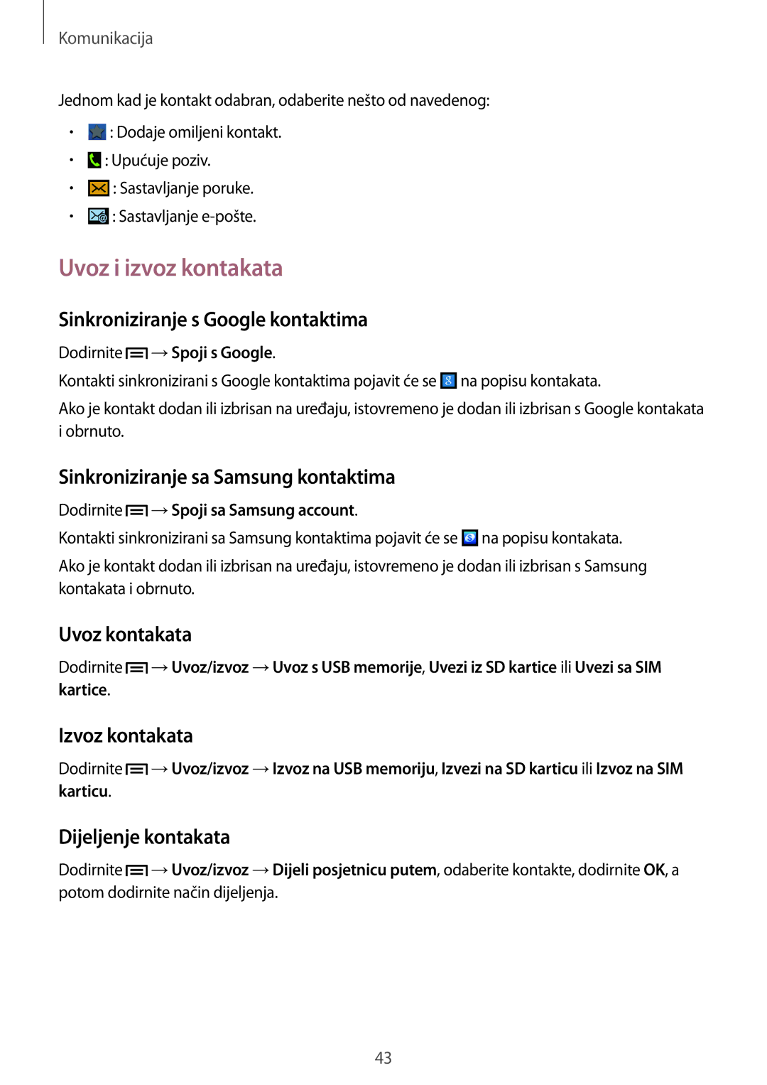 Samsung GT-S5312BKATRA, GT-S5312MSATRA, GT-S5312RWATRA manual Uvoz i izvoz kontakata 