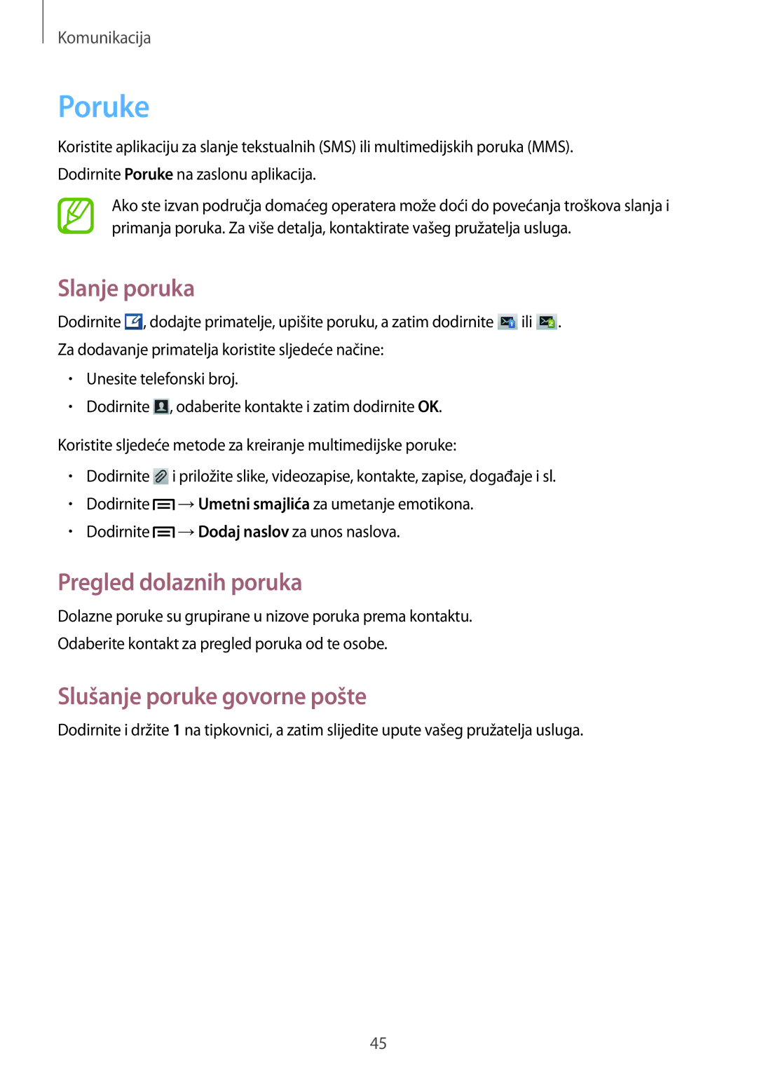 Samsung GT-S5312MSATRA, GT-S5312BKATRA manual Poruke, Slanje poruka, Pregled dolaznih poruka, Slušanje poruke govorne pošte 