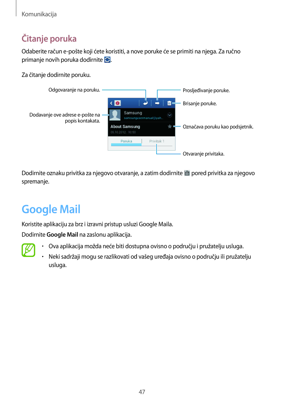 Samsung GT-S5312RWATRA, GT-S5312MSATRA, GT-S5312BKATRA manual Google Mail, Čitanje poruka 