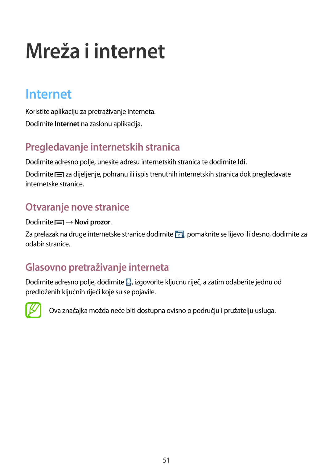 Samsung GT-S5312MSATRA manual Mreža i internet, Internet, Pregledavanje internetskih stranica, Otvaranje nove stranice 