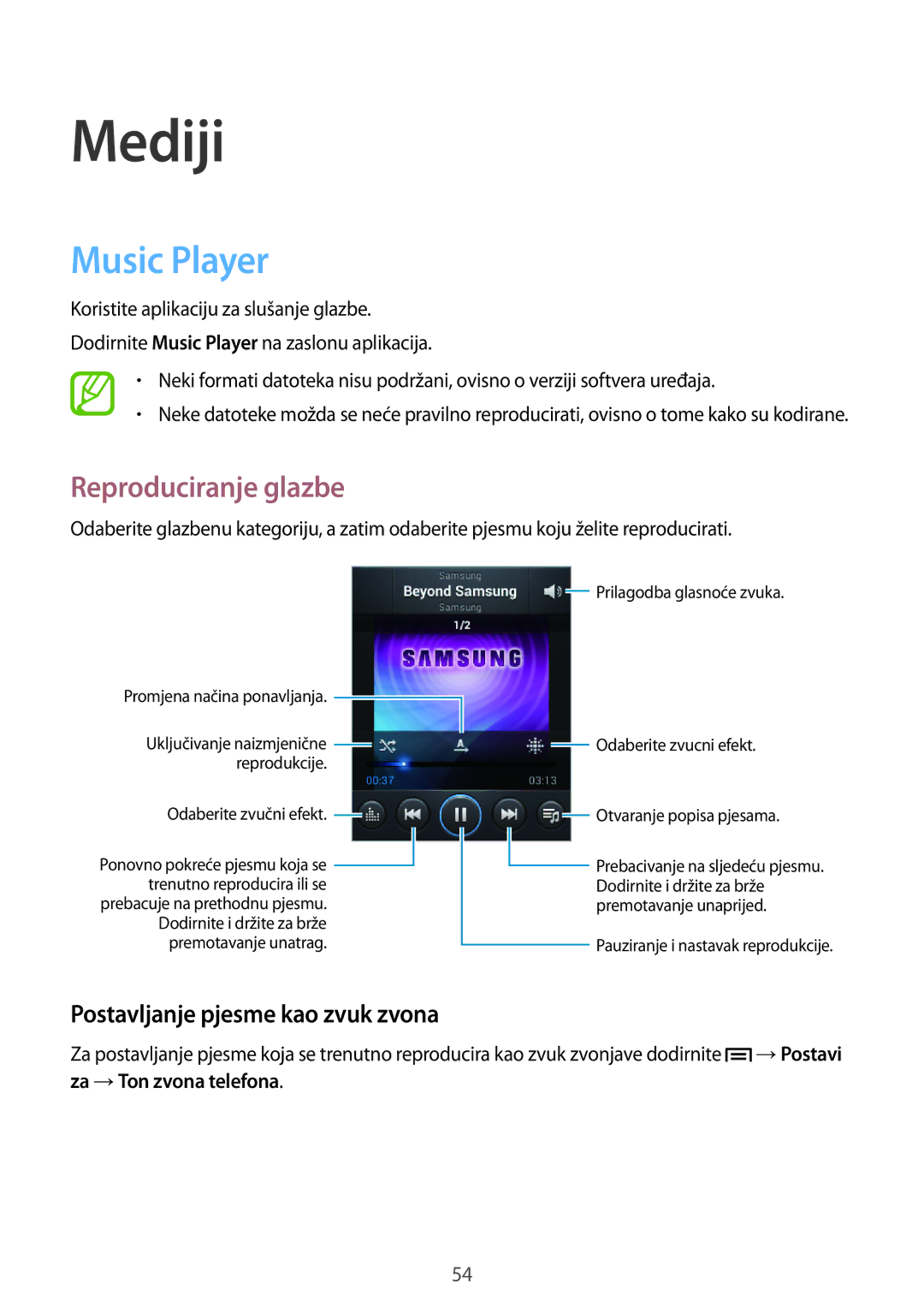 Samsung GT-S5312MSATRA, GT-S5312BKATRA Mediji, Music Player, Reproduciranje glazbe, Postavljanje pjesme kao zvuk zvona 