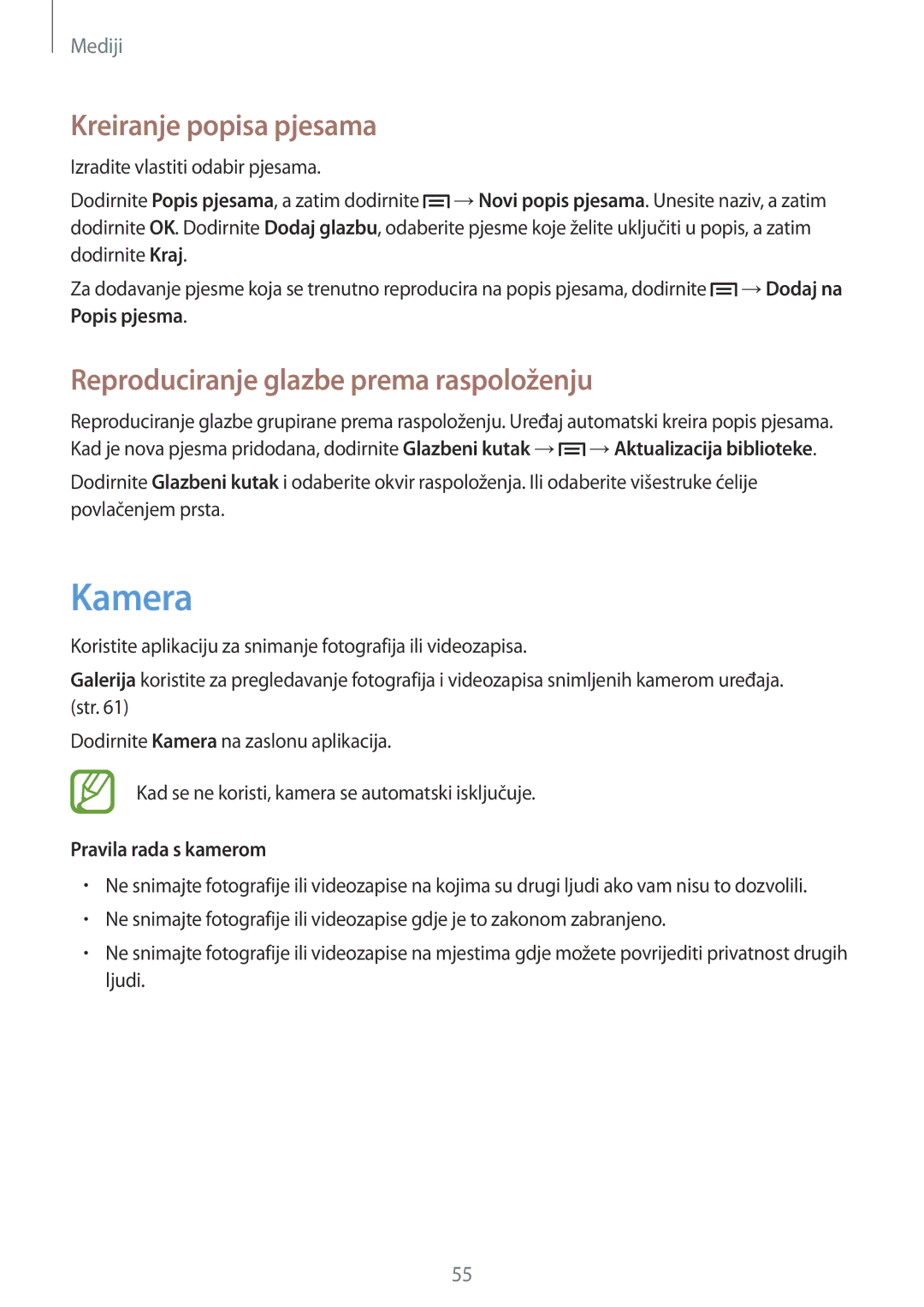 Samsung GT-S5312BKATRA manual Kamera, Kreiranje popisa pjesama, Reproduciranje glazbe prema raspoloženju, Popis pjesma 