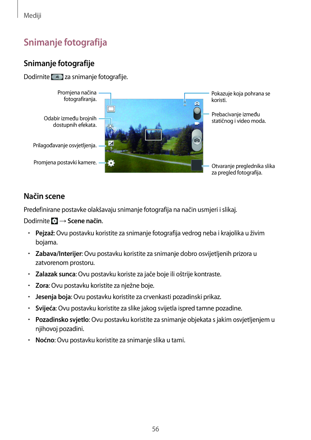 Samsung GT-S5312RWATRA, GT-S5312MSATRA, GT-S5312BKATRA manual Snimanje fotografija, Snimanje fotografije, Način scene 
