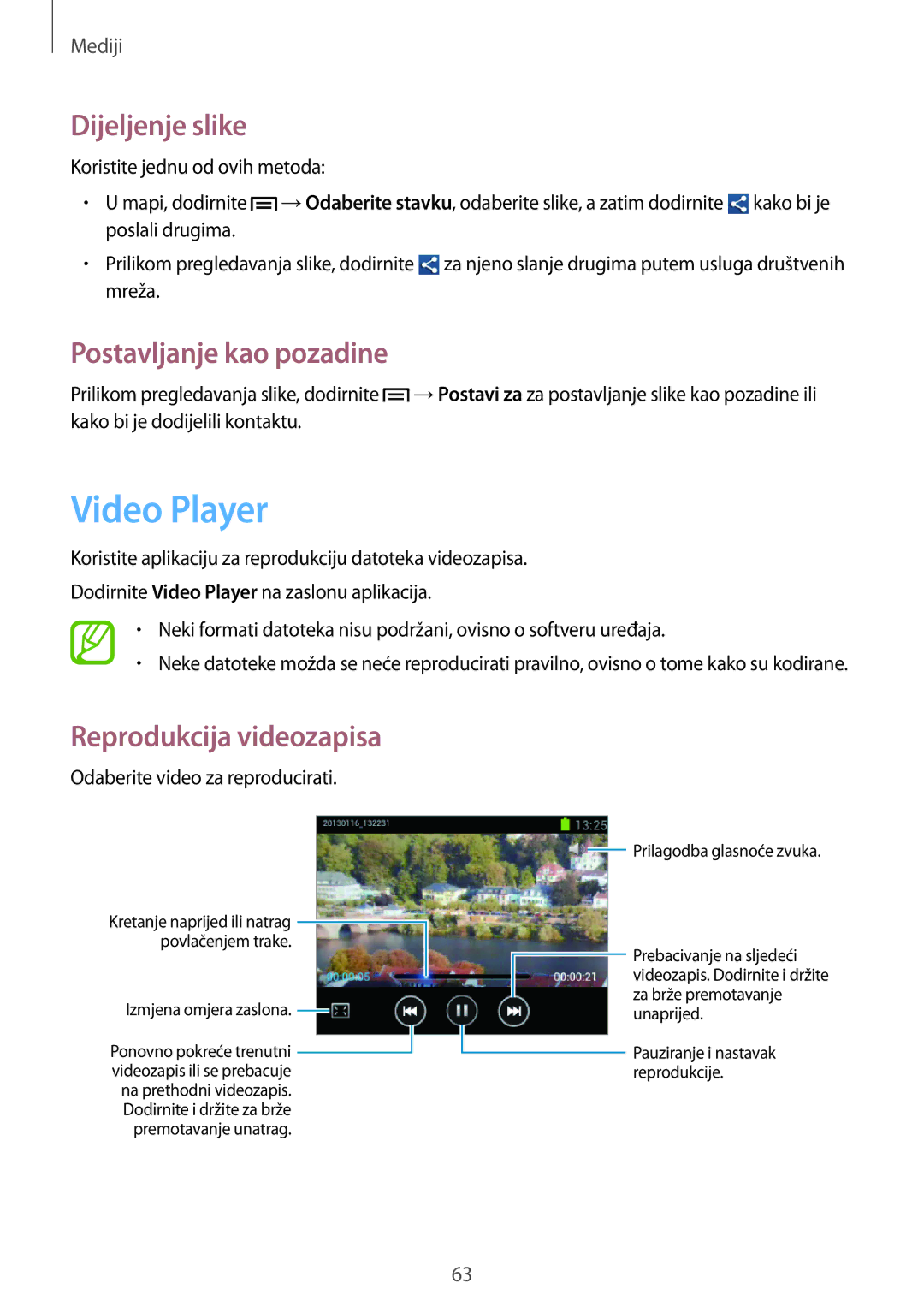 Samsung GT-S5312MSATRA, GT-S5312BKATRA, GT-S5312RWATRA manual Video Player, Dijeljenje slike, Postavljanje kao pozadine 