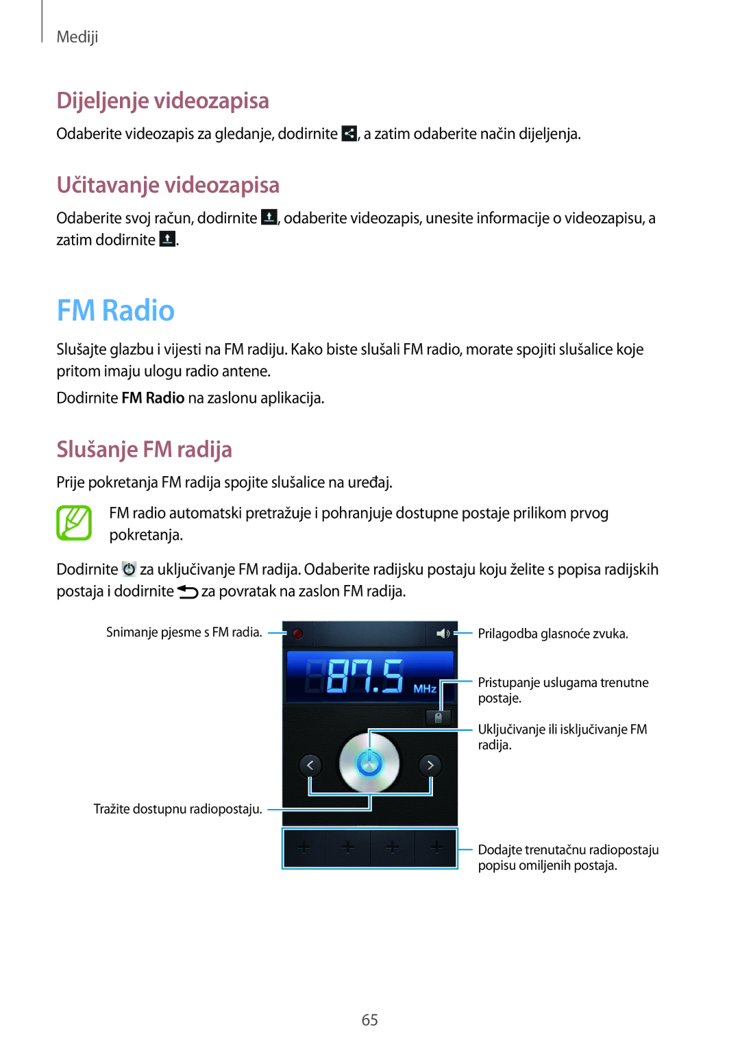 Samsung GT-S5312RWATRA, GT-S5312MSATRA, GT-S5312BKATRA manual FM Radio, Učitavanje videozapisa, Slušanje FM radija 