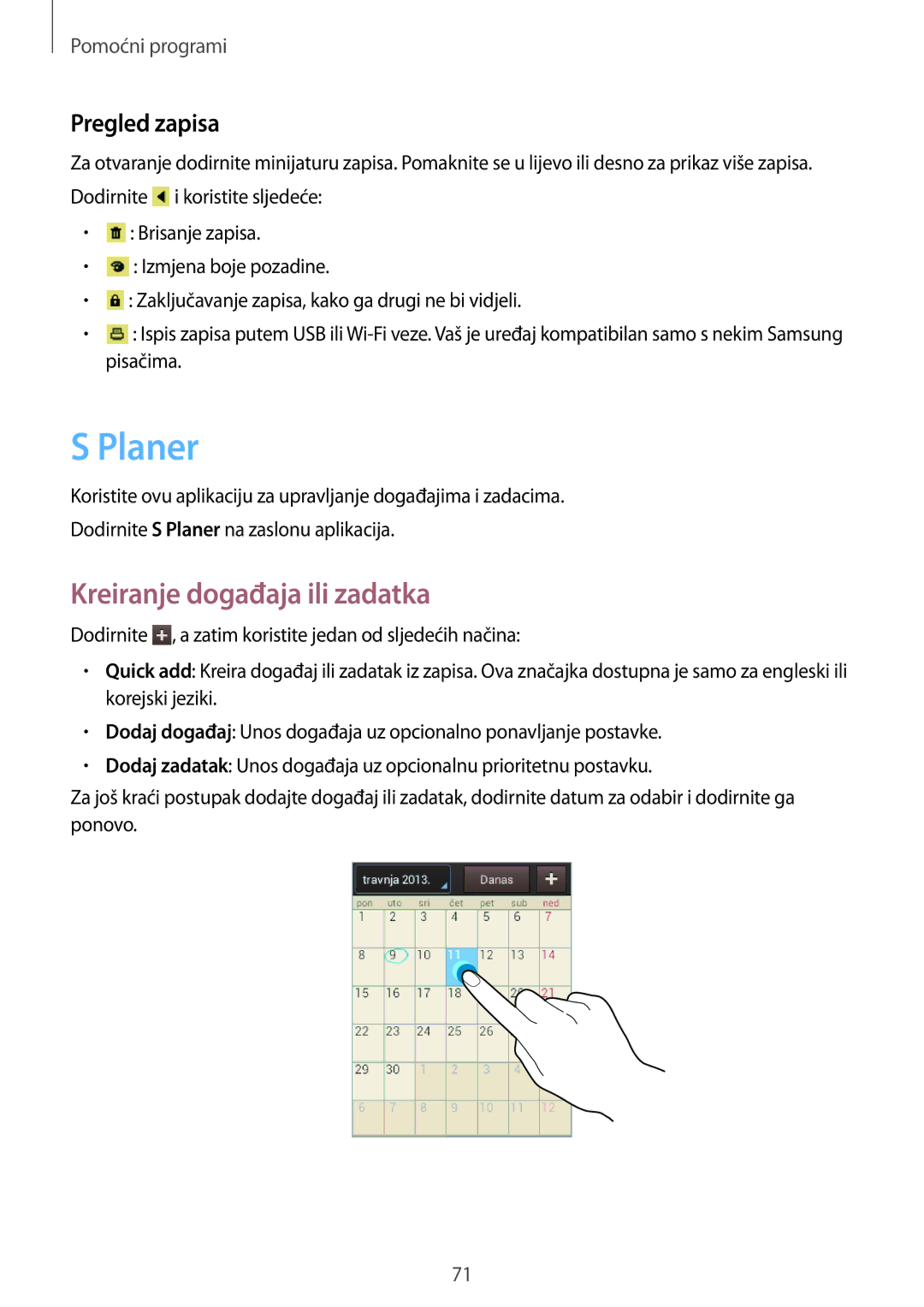 Samsung GT-S5312RWATRA, GT-S5312MSATRA, GT-S5312BKATRA manual Planer, Kreiranje događaja ili zadatka, Pregled zapisa 