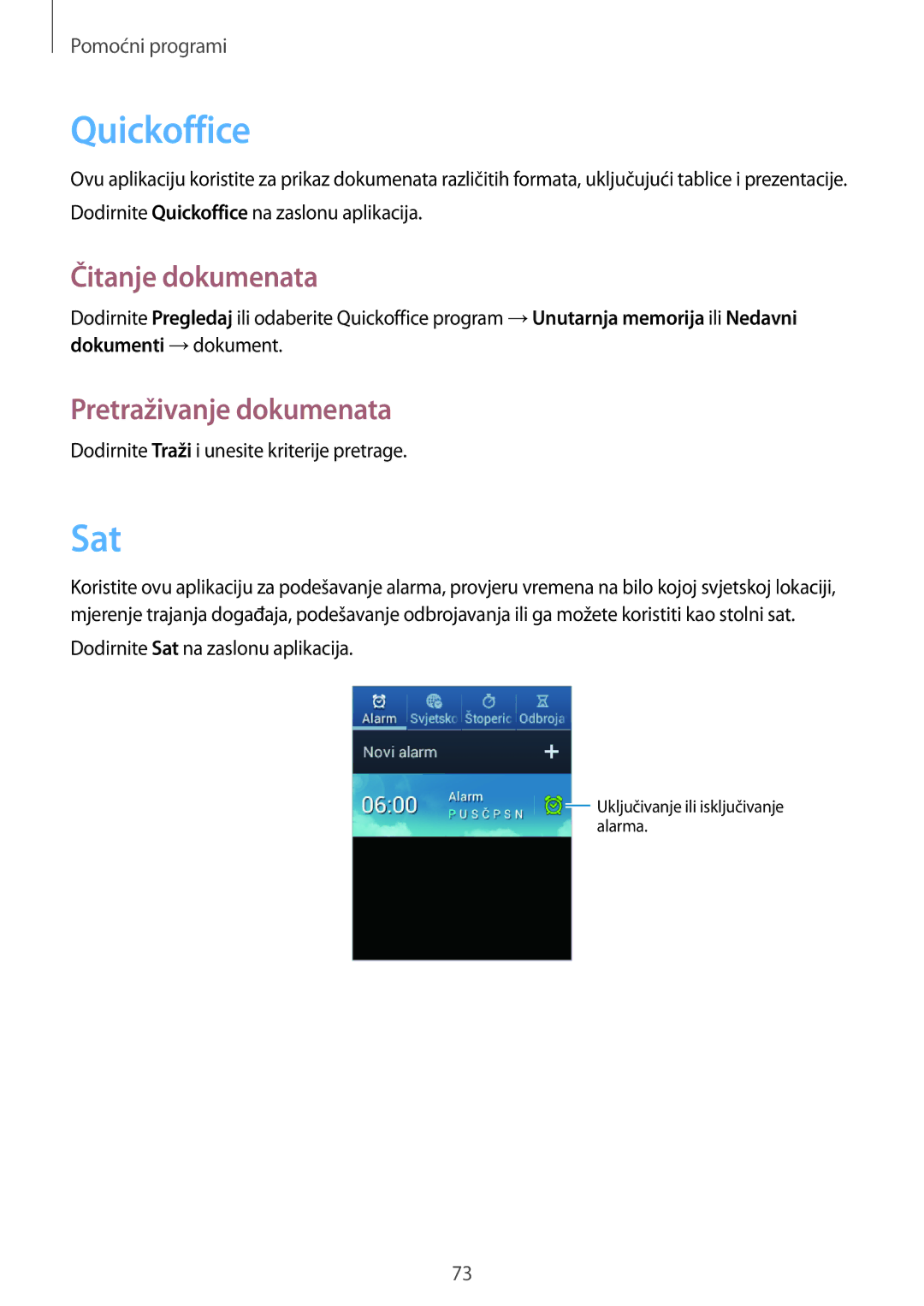 Samsung GT-S5312BKATRA, GT-S5312MSATRA, GT-S5312RWATRA manual Quickoffice, Sat, Čitanje dokumenata, Pretraživanje dokumenata 