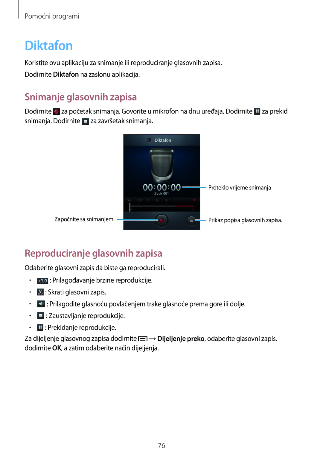 Samsung GT-S5312BKATRA, GT-S5312MSATRA, GT-S5312RWATRA Diktafon, Snimanje glasovnih zapisa, Reproduciranje glasovnih zapisa 