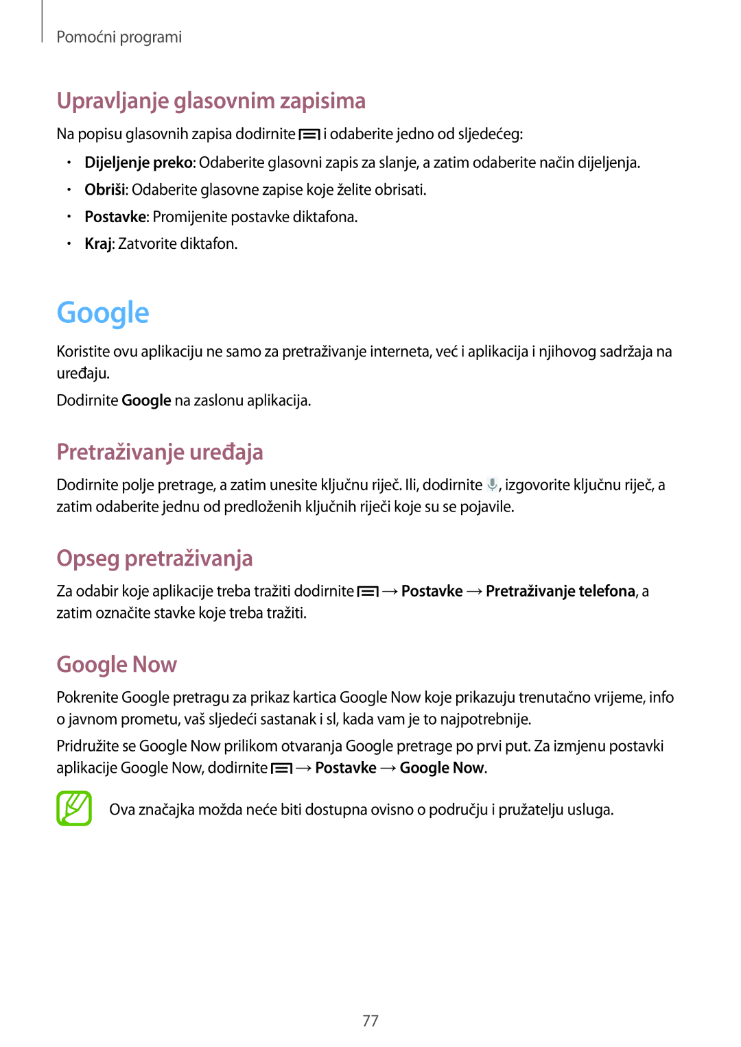 Samsung GT-S5312RWATRA manual Upravljanje glasovnim zapisima, Pretraživanje uređaja, Opseg pretraživanja, Google Now 