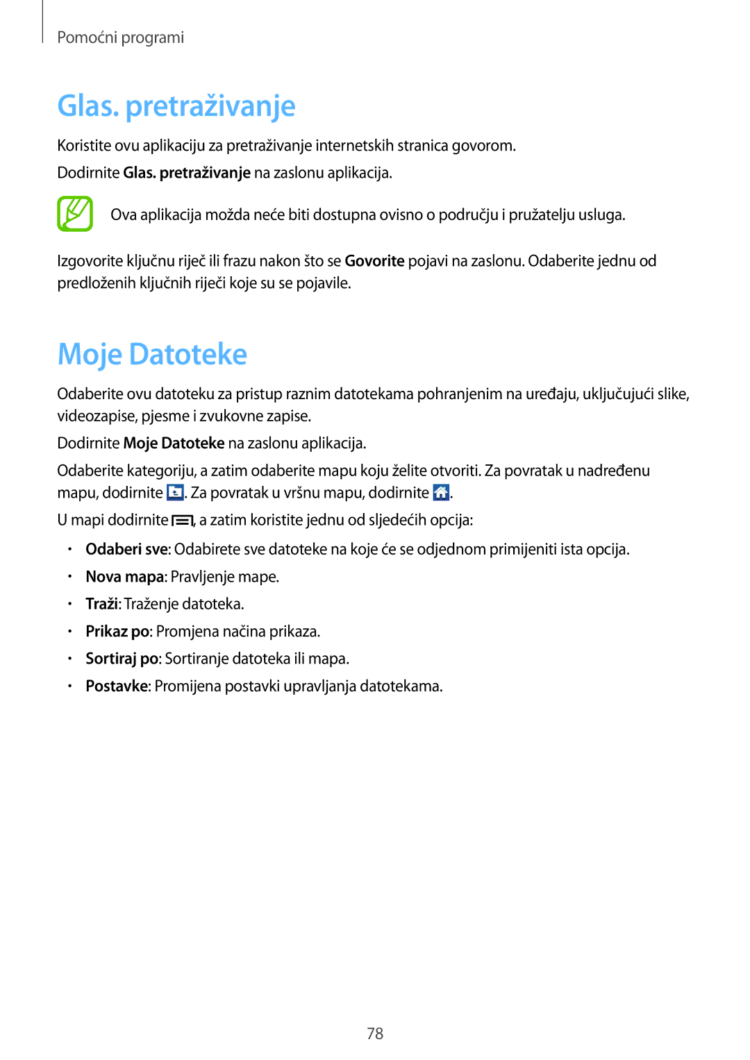 Samsung GT-S5312MSATRA, GT-S5312BKATRA, GT-S5312RWATRA manual Glas. pretraživanje, Moje Datoteke 