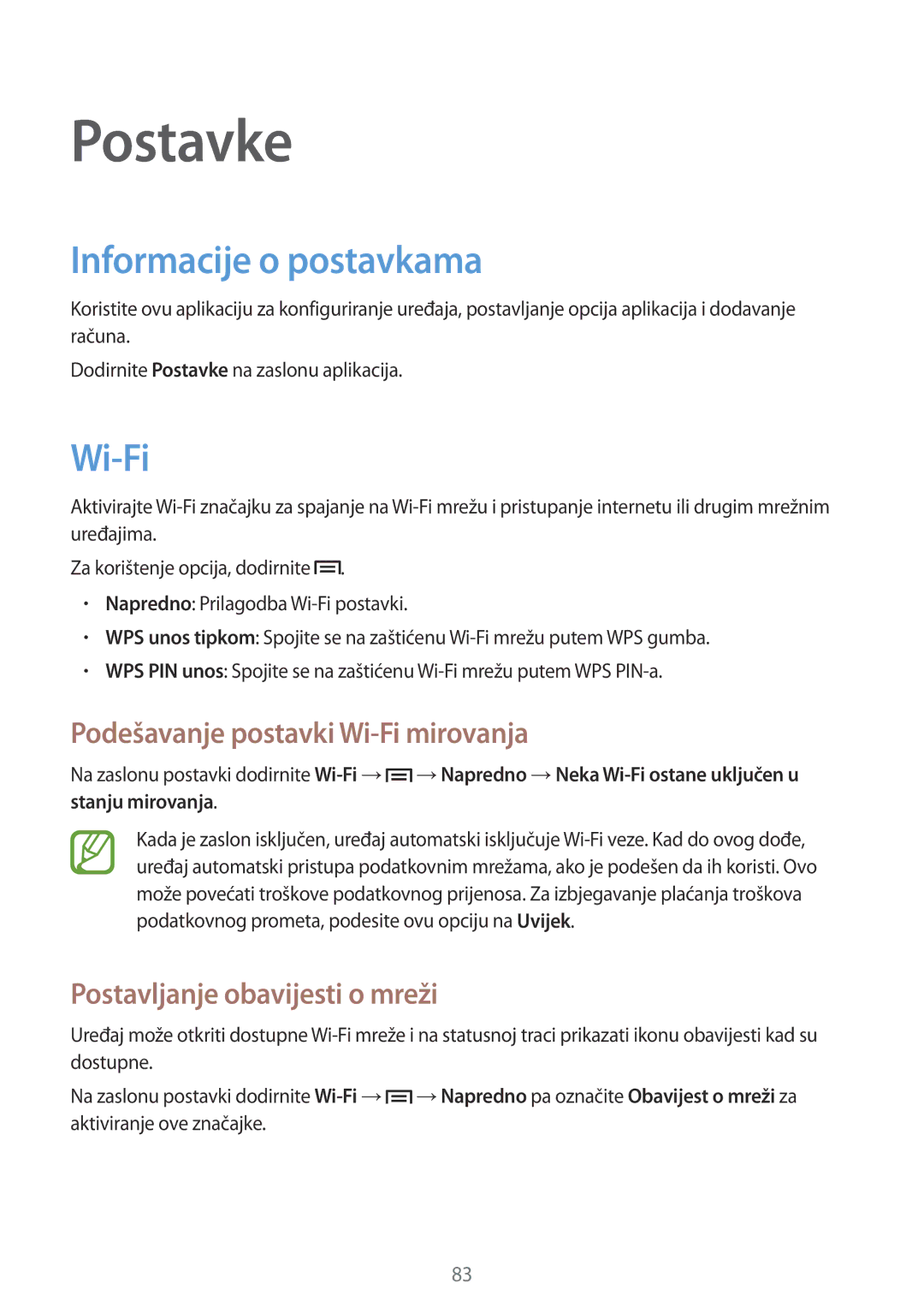 Samsung GT-S5312RWATRA, GT-S5312MSATRA manual Postavke, Informacije o postavkama, Podešavanje postavki Wi-Fi mirovanja 