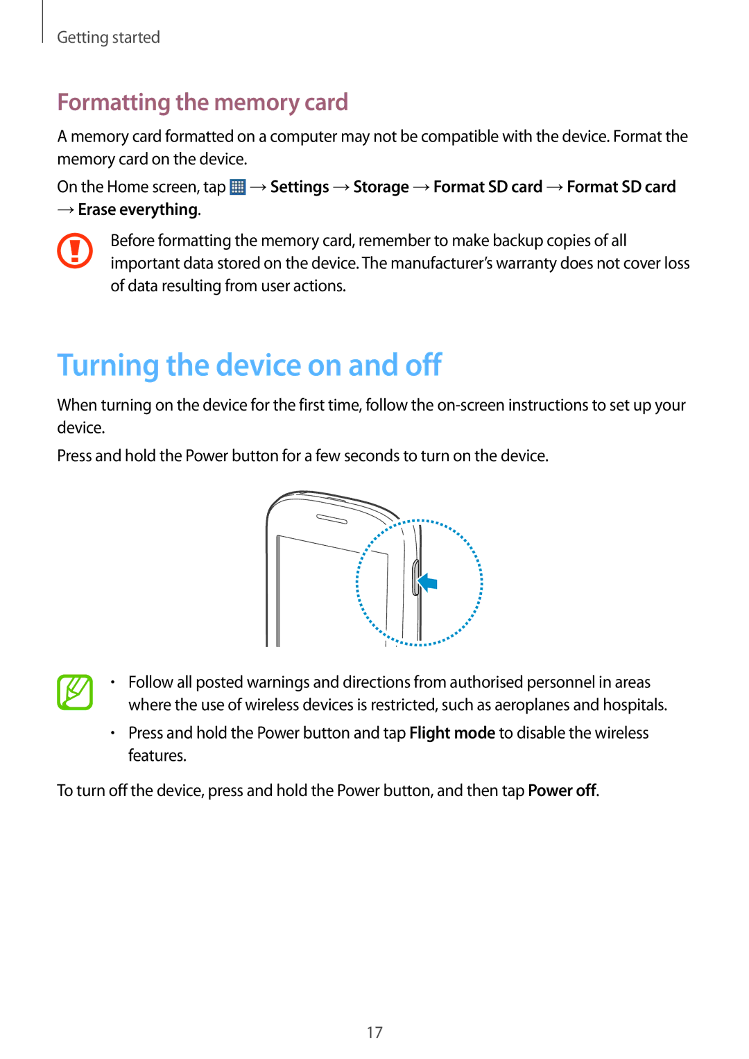 Samsung GT-S5312BKASER, GT-S5312RWABGL manual Turning the device on and off, Formatting the memory card, → Erase everything 