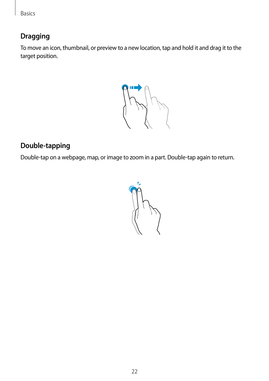 Samsung GT-S5312MSATRA, GT-S5312RWABGL, GT-S5312MSABGL, GT-S5312BKATRA, GT-S5312RWATRA manual Dragging, Double-tapping 