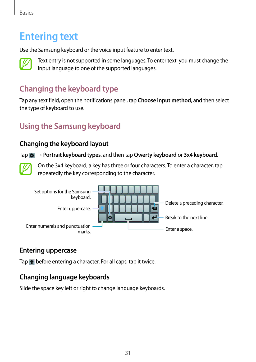 Samsung GT-S5312MSABGL, GT-S5312RWABGL manual Entering text, Changing the keyboard type, Using the Samsung keyboard 