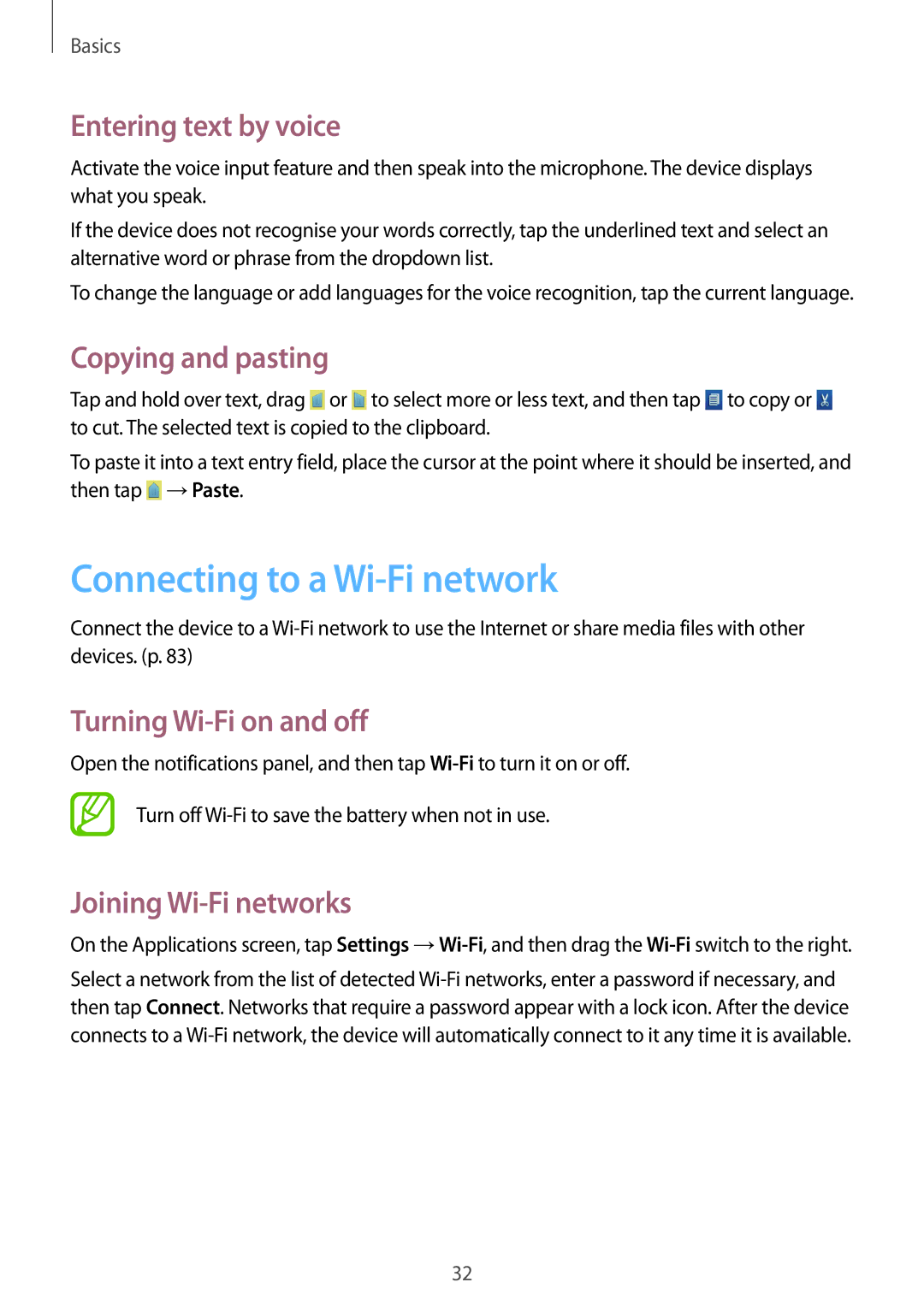 Samsung GT-S5312MSATRA Connecting to a Wi-Fi network, Entering text by voice, Copying and pasting, Joining Wi-Fi networks 