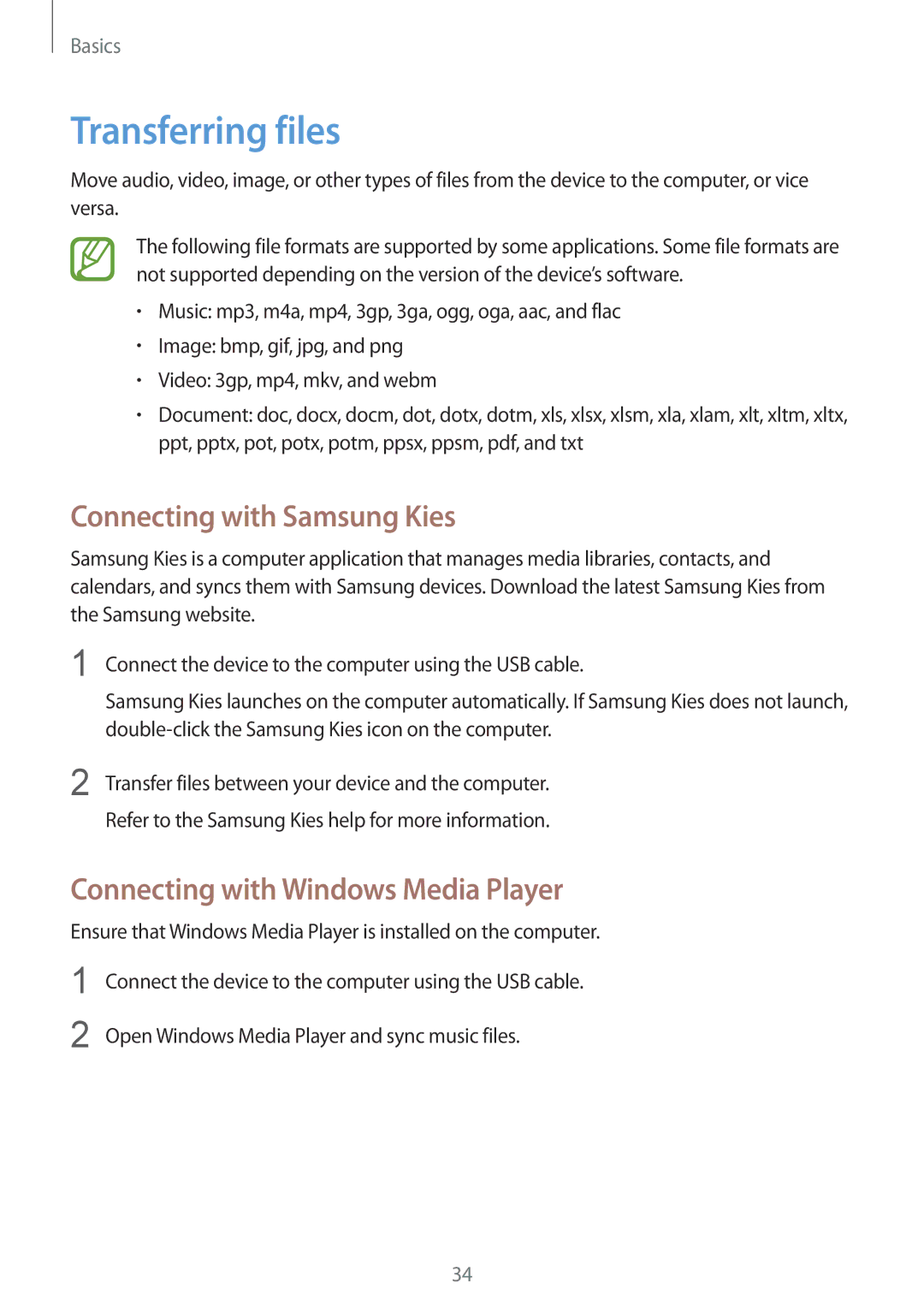 Samsung GT-S5312RWATRA manual Transferring files, Connecting with Samsung Kies, Connecting with Windows Media Player 