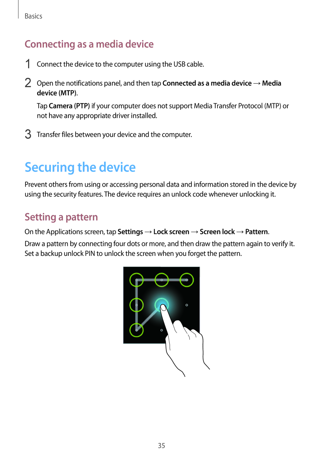 Samsung GT-S5312BKAEUR, GT-S5312RWABGL Securing the device, Connecting as a media device, Setting a pattern, Device MTP 