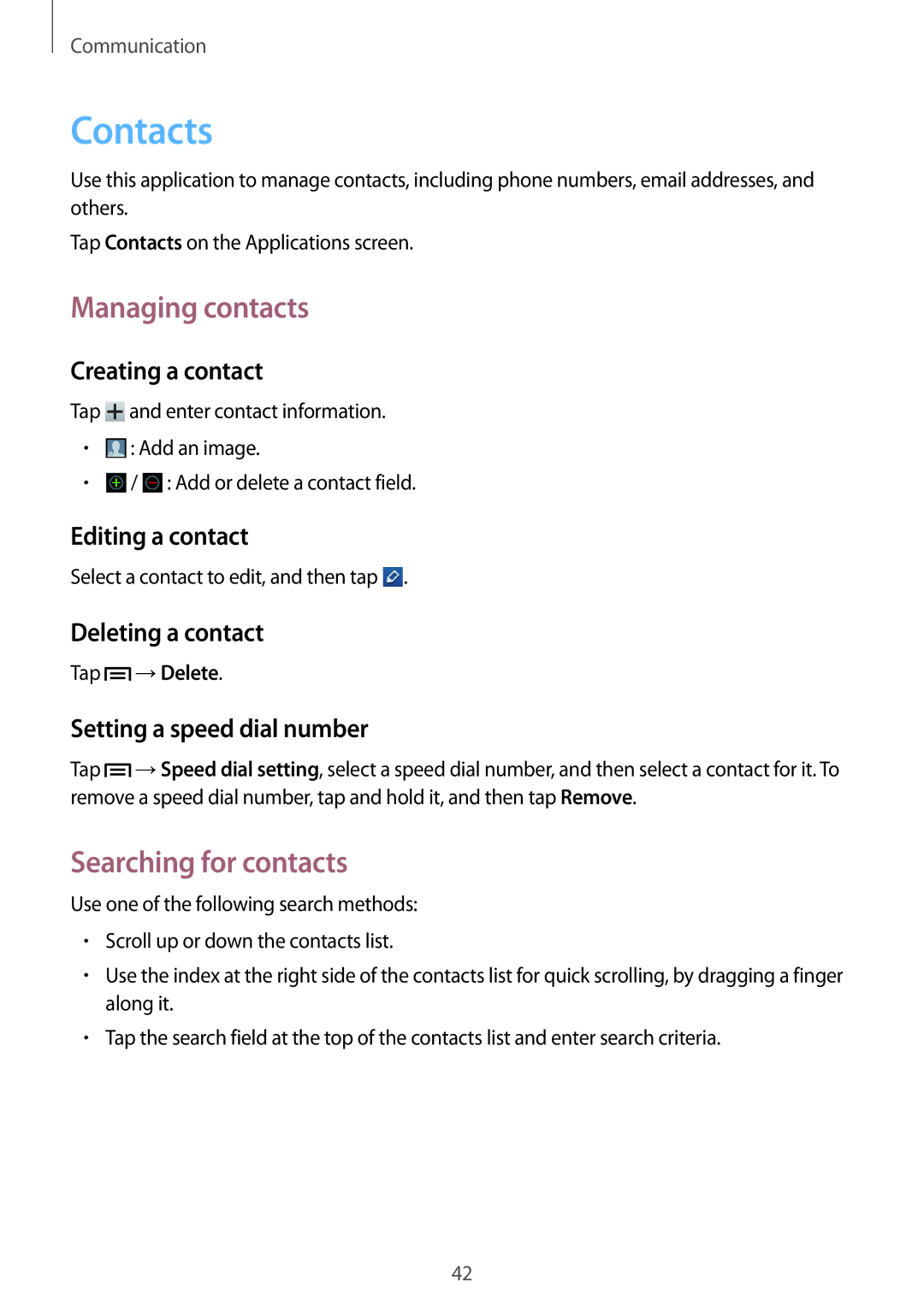 Samsung GT-S5312MSATRA, GT-S5312RWABGL, GT-S5312MSABGL, GT-S5312BKATRA Contacts, Managing contacts, Searching for contacts 