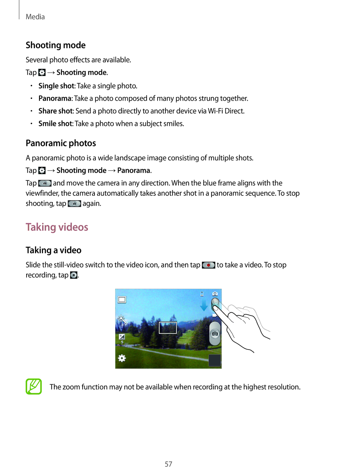 Samsung GT-S5312BKASER, GT-S5312RWABGL, GT-S5312MSABGL manual Taking videos, Shooting mode, Panoramic photos, Taking a video 