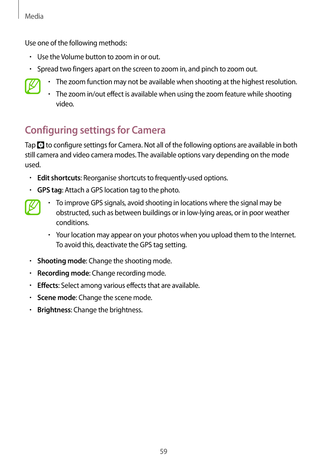 Samsung GT-S5312MSASER, GT-S5312RWABGL, GT-S5312MSABGL, GT-S5312MSATRA, GT-S5312BKATRA manual Configuring settings for Camera 