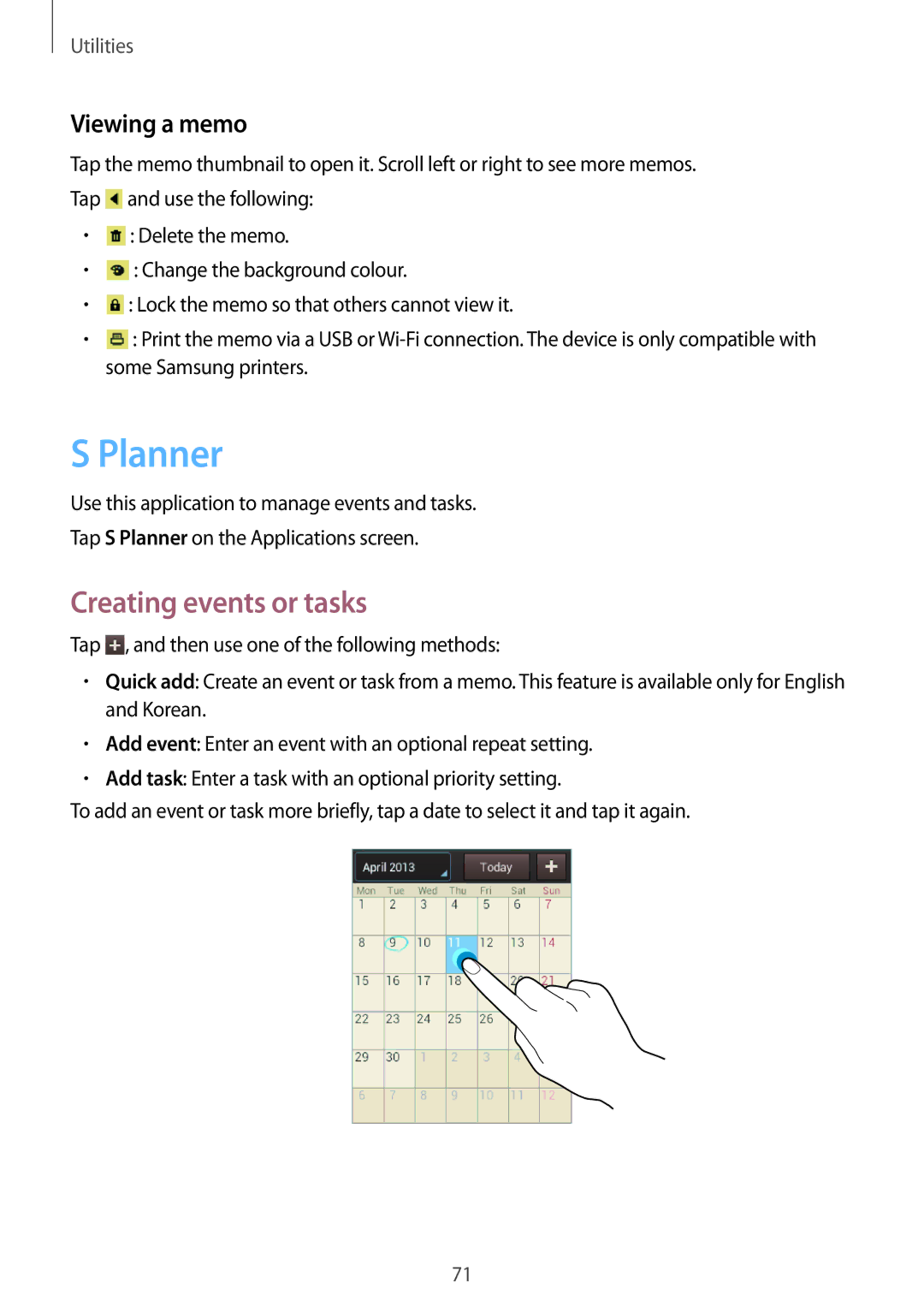 Samsung GT-S5312MSABGL, GT-S5312RWABGL, GT-S5312MSATRA, GT-S5312BKATRA Planner, Creating events or tasks, Viewing a memo 