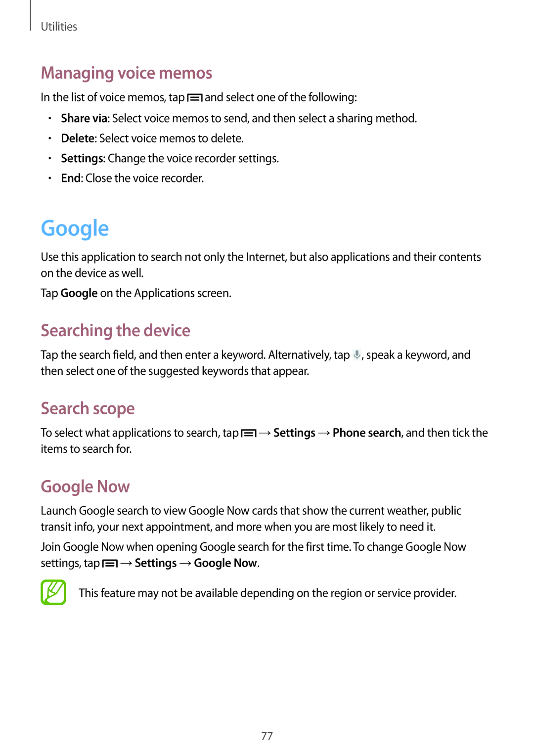 Samsung GT-S5312BKASER, GT-S5312RWABGL manual Managing voice memos, Searching the device, Search scope, Google Now 