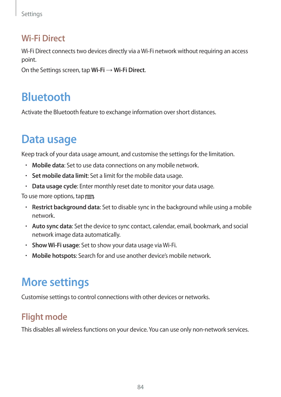 Samsung GT-S5312RWATRA, GT-S5312RWABGL, GT-S5312MSABGL, GT-S5312MSATRA Data usage, More settings, Wi-Fi Direct, Flight mode 