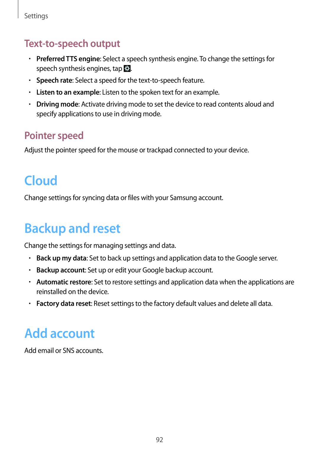 Samsung GT-S5312MSATRA, GT-S5312RWABGL manual Cloud, Backup and reset, Add account, Text-to-speech output, Pointer speed 