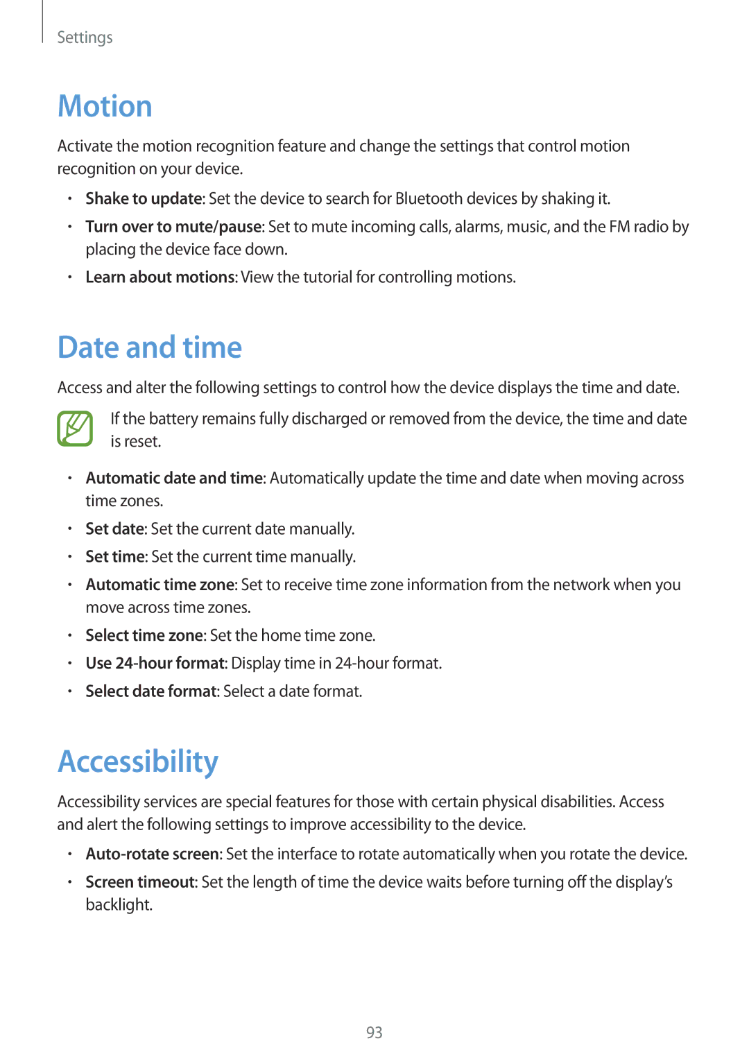 Samsung GT-S5312BKATRA, GT-S5312RWABGL, GT-S5312MSABGL, GT-S5312MSATRA, GT-S5312RWATRA Motion, Date and time, Accessibility 