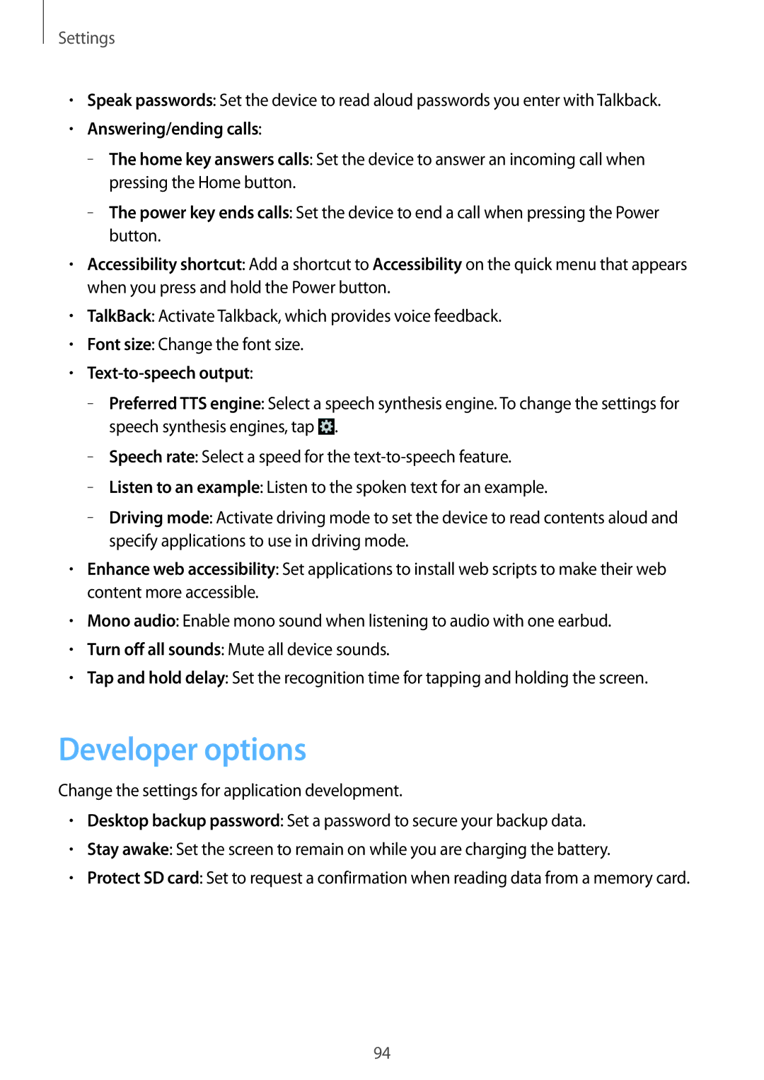 Samsung GT-S5312RWATRA, GT-S5312RWABGL, GT-S5312MSABGL Developer options, Answering/ending calls, Text-to-speech output 