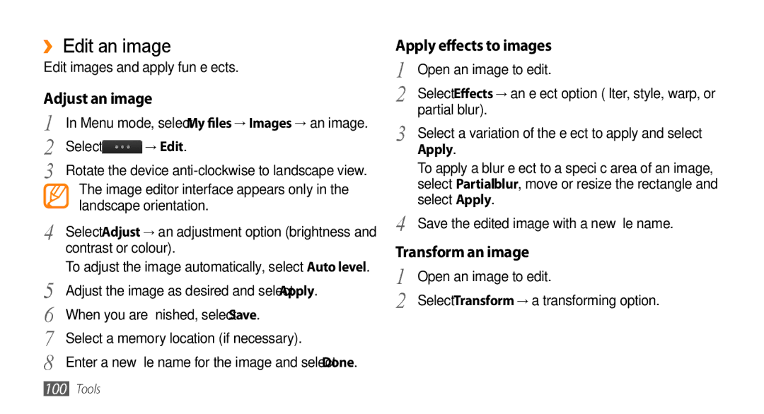 Samsung GT-S5330HKAFOP, GT-S5330CWADBT manual ›› Edit an image, Adjust an image, Apply effects to images, Transform an image 