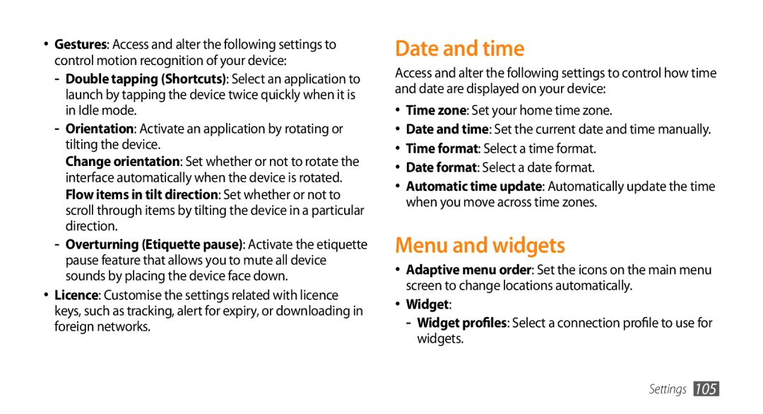 Samsung GT-S5330CWAATO, GT-S5330CWADBT, GT-S5330CWAVIA, GT-S5330HKADBT manual Date and time, Menu and widgets, Widget 