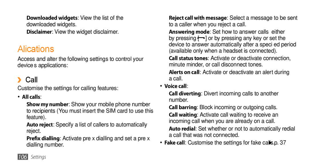 Samsung GT-S5330HKAERA manual Applications, ›› Call, Downloaded widgets View the list of the downloaded widgets, All calls 