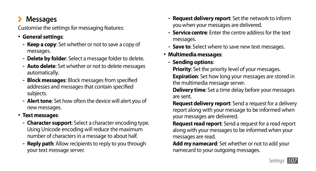 Samsung GT-S5330HKAPLS manual ›› Messages, Customise the settings for messaging features, General settings, Text messages 