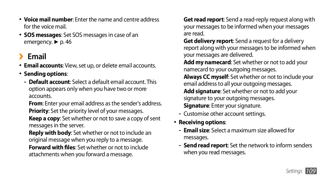Samsung GT-S5330CWASER, GT-S5330CWADBT, GT-S5330CWAVIA manual ›› Email, Customise other account settings, Receiving options 