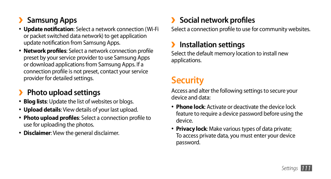 Samsung GT-S5330HKASER, GT-S5330CWADBT Security, ›› Samsung Apps, ›› Photo upload settings, ›› Social network profiles 