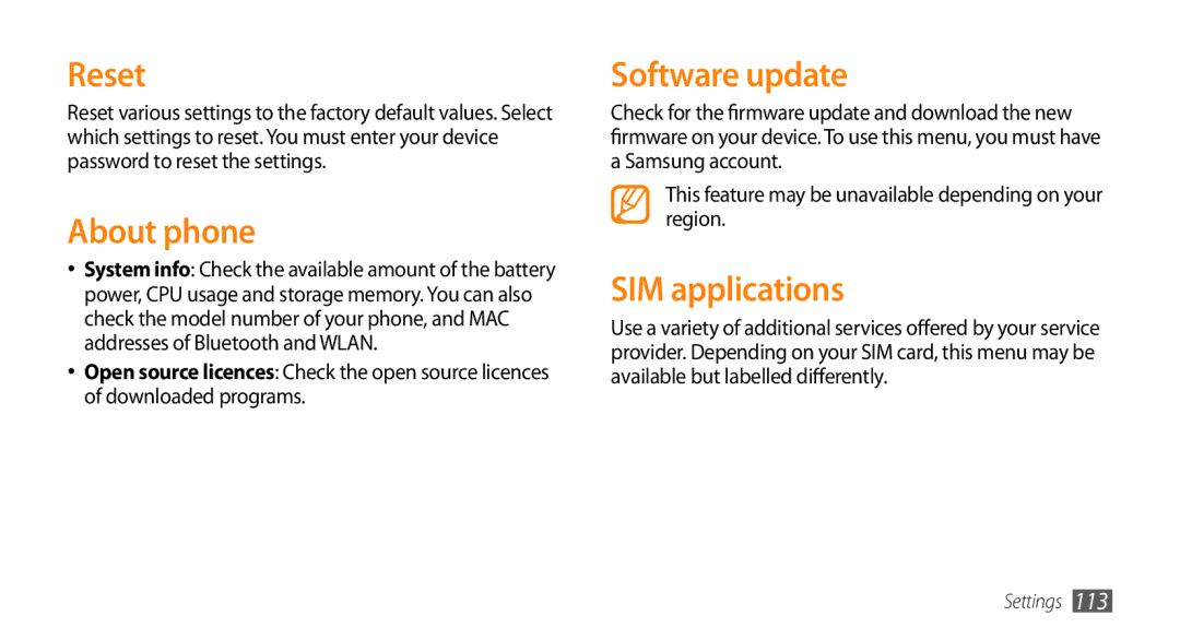 Samsung GT-S5330CWAVIA, GT-S5330CWADBT, GT-S5330HKADBT, GT-S5330HKAEPL Reset, About phone, Software update, SIM applications 