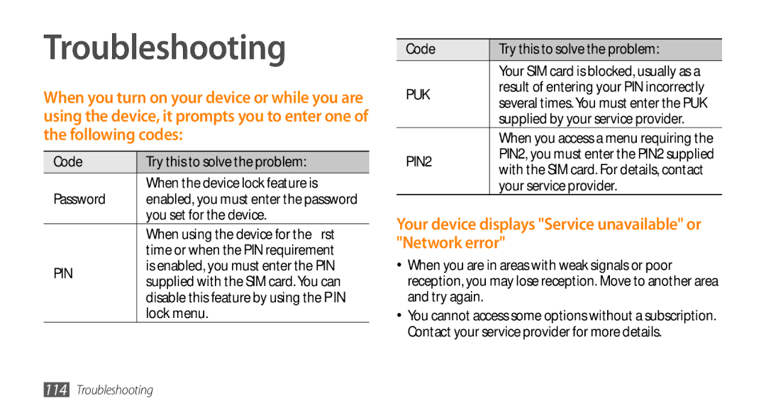 Samsung GT-S5330HKADBT manual Troubleshooting, Your device displays Service unavailable or Network error, Lock menu 