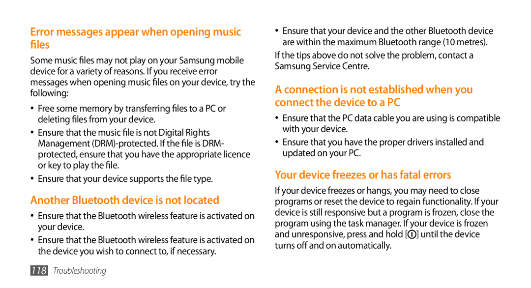 Samsung GT-S5330HKAXEF manual Error messages appear when opening music files, Another Bluetooth device is not located 