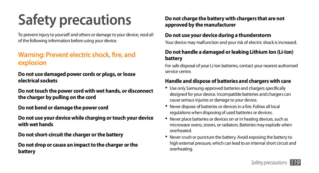 Samsung GT-S5330CWAXEF, GT-S5330CWADBT manual Safety precautions, Handle and dispose of batteries and chargers with care 