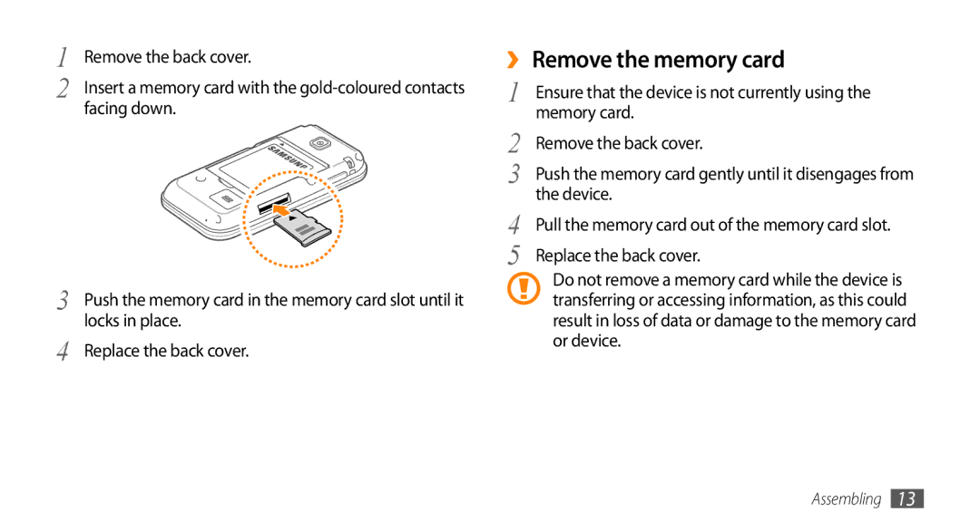 Samsung GT-S5330HKATPH, GT-S5330CWADBT, GT-S5330CWAVIA manual ›› Remove the memory card, Facing down, Locks in place 