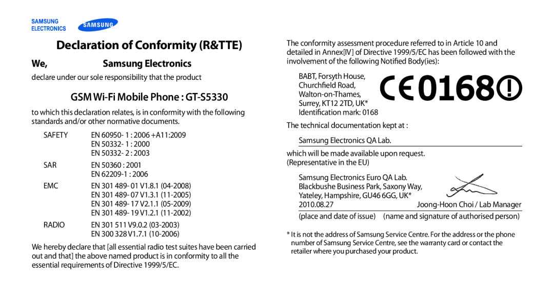 Samsung GT-S5330CWAATO, GT-S5330CWADBT, GT-S5330CWAVIA Declaration of Conformity R&TTE, GSM Wi-Fi Mobile Phone GT-S5330 