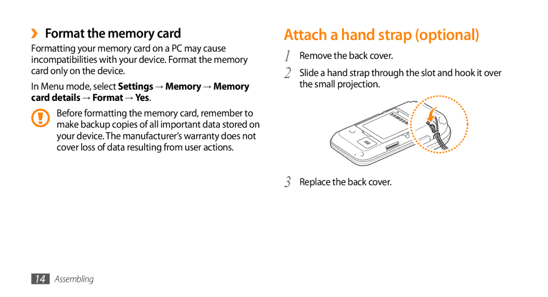 Samsung GT-S5330FIAFOP, GT-S5330CWADBT manual Attach a hand strap optional, ›› Format the memory card, Small projection 