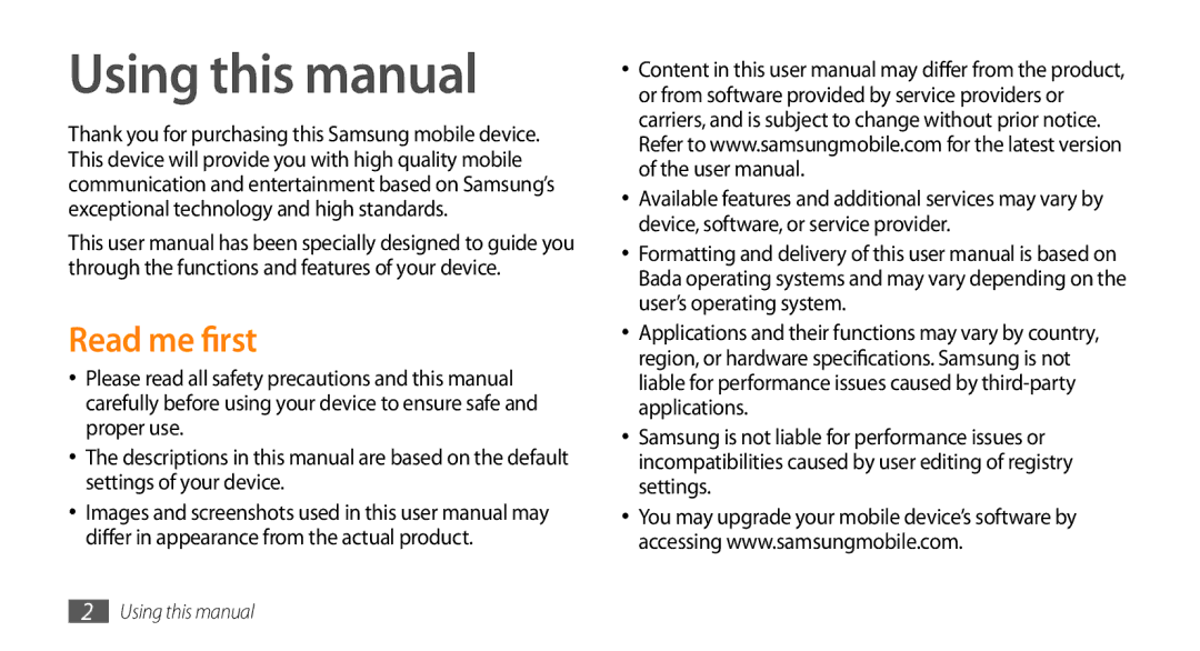 Samsung GT-S5330HKADBT, GT-S5330CWADBT, GT-S5330CWAVIA, GT-S5330HKAEPL, GT-S5330HKAVIA Using this manual, Read me first 